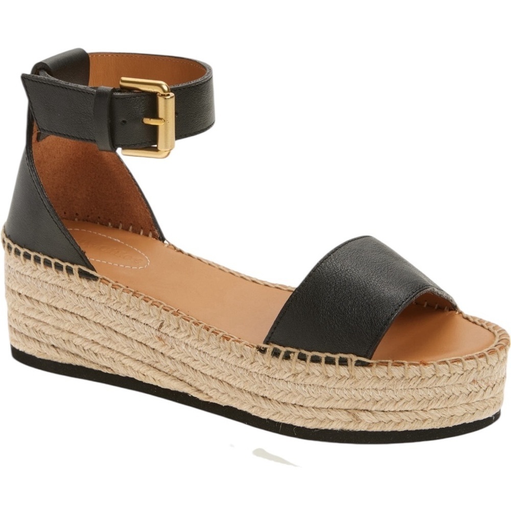 See by Chloe Glyn Espadrilles Wedge Black Leather Ankle Strap Sandals Sz 40